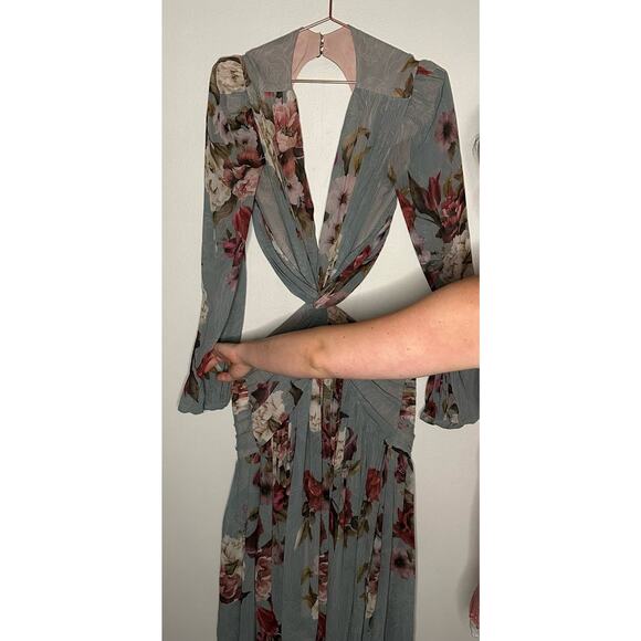 PatBo Peony Print Cutout Midi Crepe Long Sleeve Blue Pink Dress US Size 12 - Picture 15 of 16